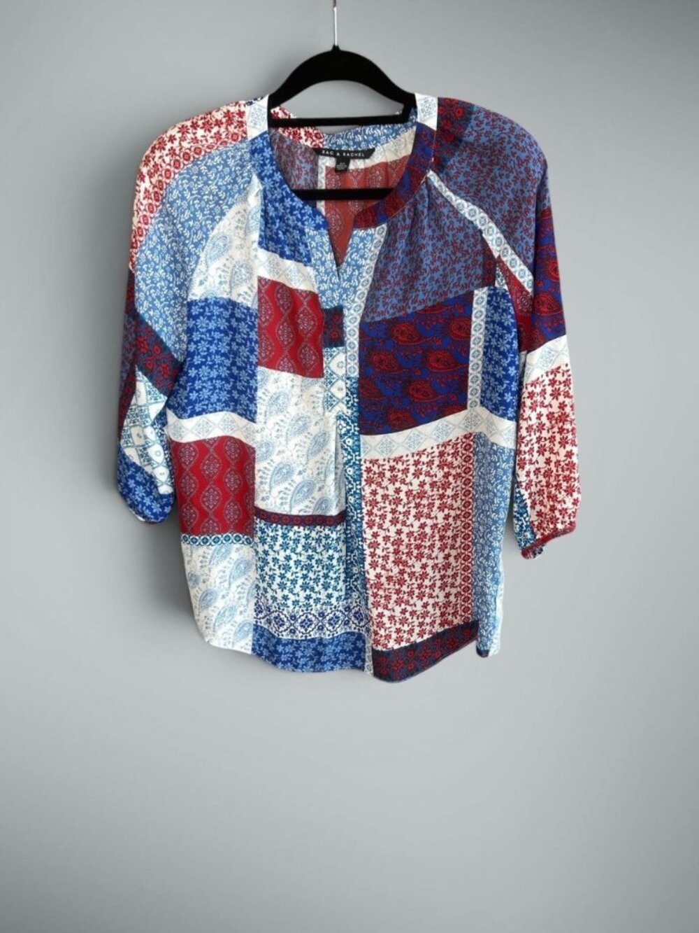 Zac & Rachel Patriotic Patchwork Casual Peasant Blouse Size Small
